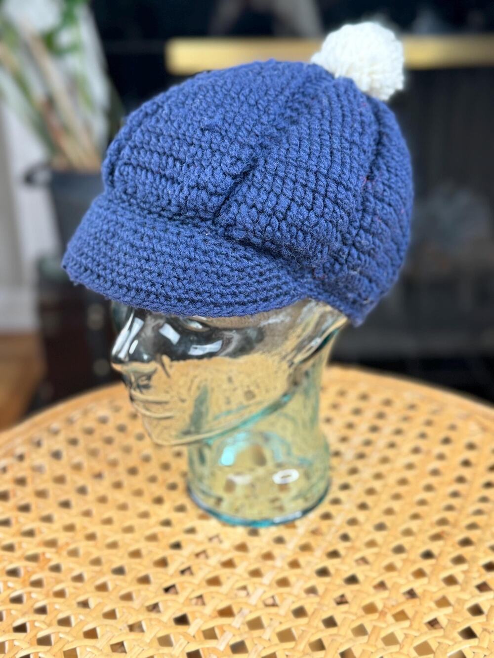 Vintage Pom Pom Hat With Brim, Crochet Blue Knit Hat, 60s 70s Beanie Newsboy